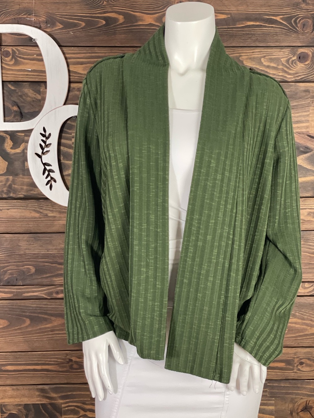 Notations | Ribbed Knit Olive Military Green Open-Front Cardigan Wooden Button